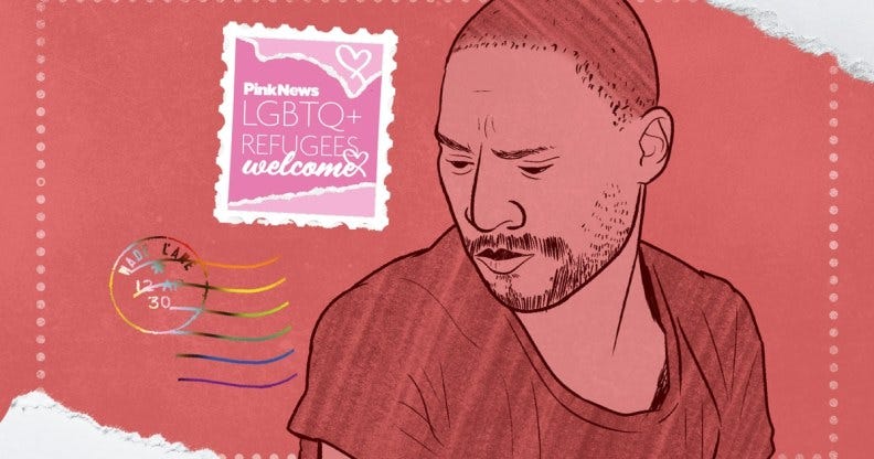An image of a Black man set against a red background on a postcard style with a stamp in the left top corner reading "LGBTQ Refugees Welcome".