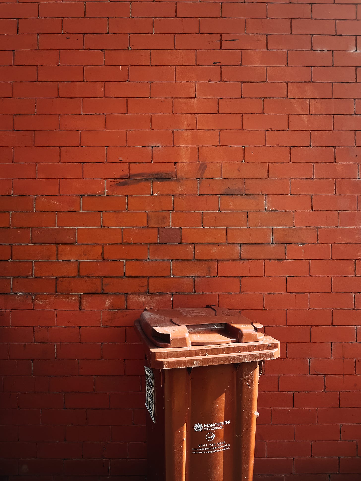 A brick wall with a big plastic dustbin in front of it in the same colour. The bin has writing on it saying "Manchester City Council"