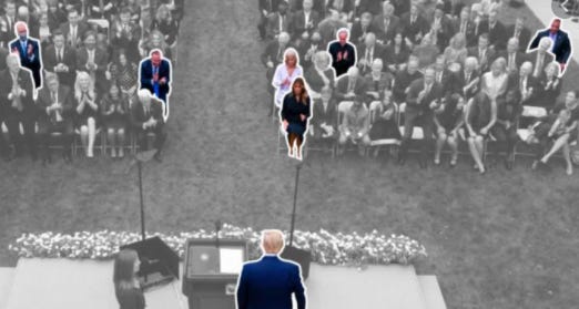 An altered photo highlighting members of the crowd as President Trump stands at the podium in the Rose Garden
