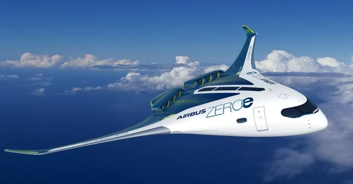 A render of Airbus' ZEROe blended-wing body concept aircraft