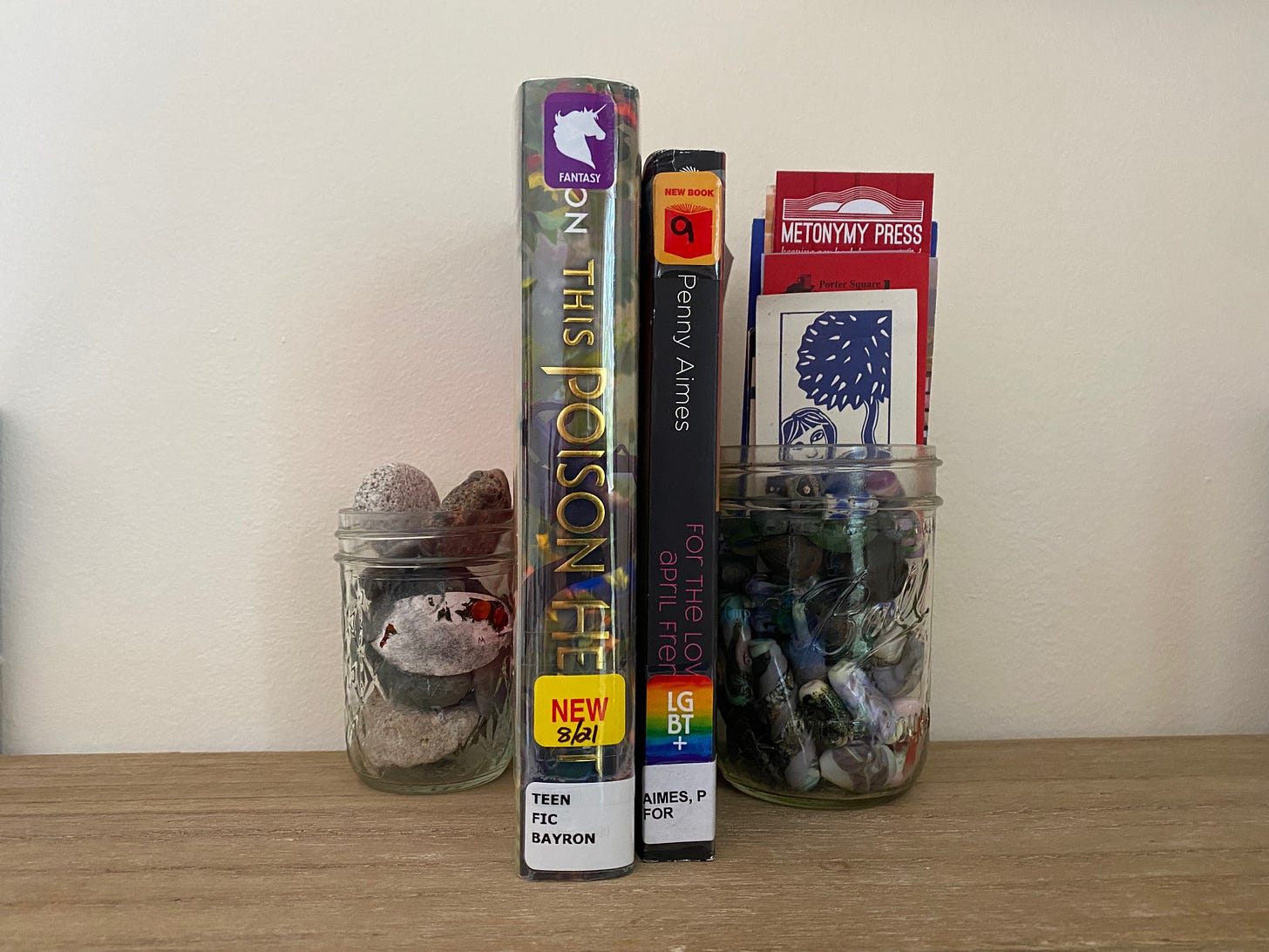 The two books mentioned above sit on a wooden shelf against a white wall. They are bookended by two mason jars of rocks and glass beads; one jar is full of bookmarks.