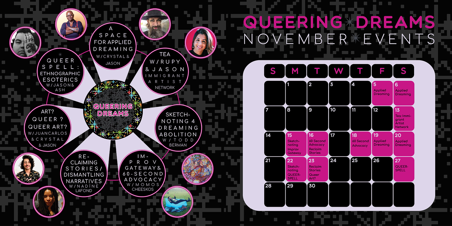 Poster of the Queering Dreams calendar of events with headshots of all the artists. 