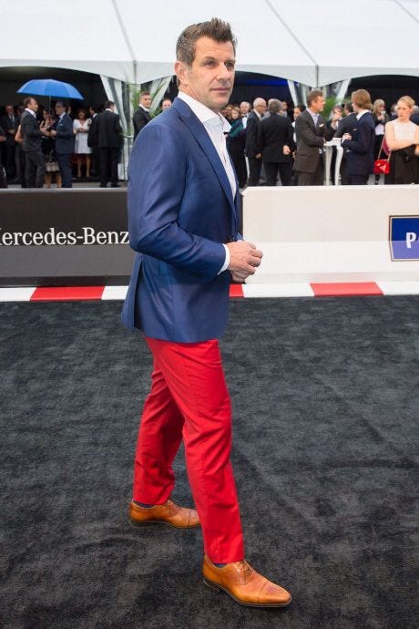 Marc Bergevin MTL CH Denim Jacket red Pant tan shoes | Red pants, Red  jacket, Tan shoes