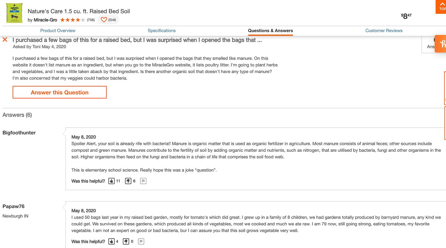 Home Depot Q&A about a garden soil product with unhelpful and rude answers from customers