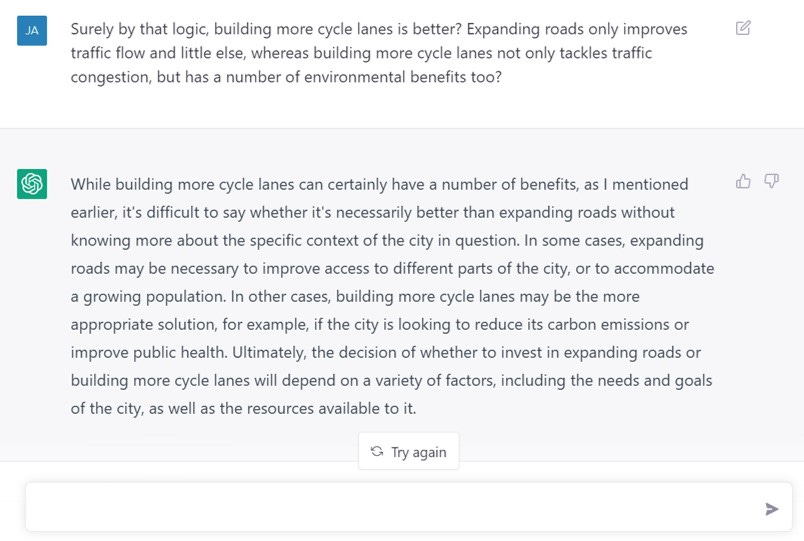 I follow up and say that bike lanes are better. OpenAI says that this is a decision for the city
