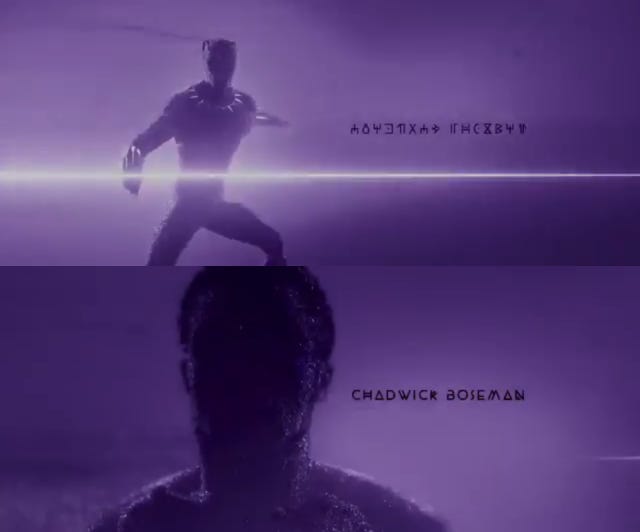 Frames dos créditos de "Pantera Negra" alternando entre a escrita de Wakanda e a fonte Beyno, utilizada no filme.