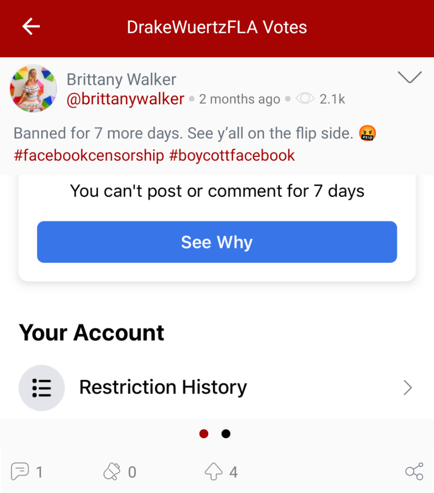Drake Wuertz “votes” Brittany Walker complaining about her Facebook suspension. (Image: Parler screenshot.)@DrakeWuertzFLA “votes” Brittany Walker complaining about her Facebook suspension. (Image: Parler screenshot.)