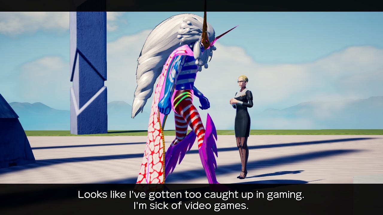 A screenshot of the game's antagonist realizing he's been spending too much time playing video games instead of preparing to fight Travis Touchdown.