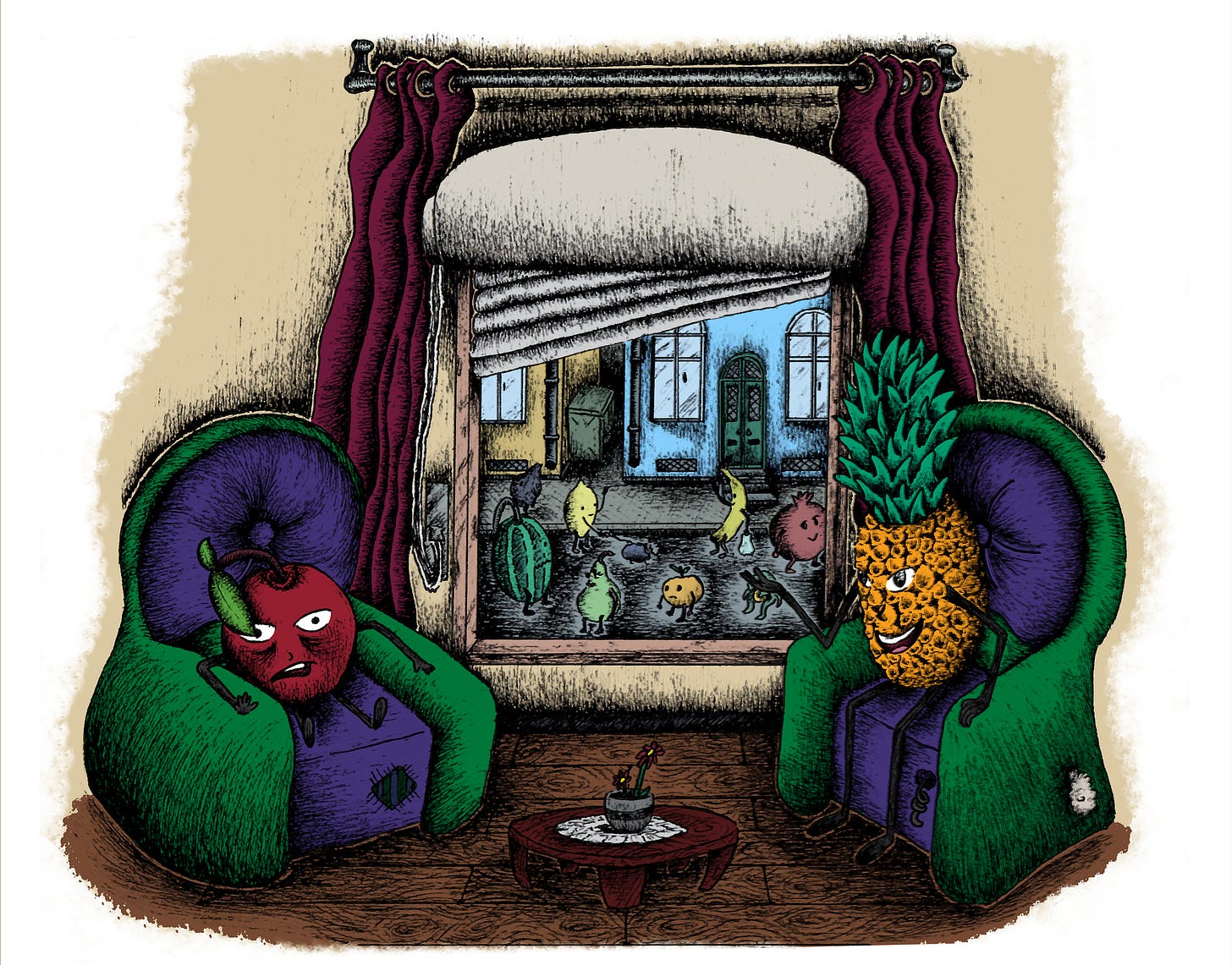 A bright illustration of an apple and pineapple sitting on green and purple chairs, facing each other. It looks like a therapy session. The apple looks depleted and the pineapple looks friendly and warm. There is a window with a view of a lively street scene and little fruit people walking around outside.