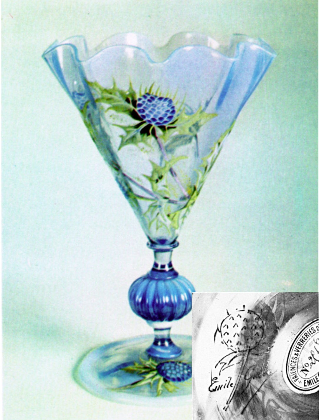 Enamelled thistles vase and signature with the E1 label, Funke-Kaiser collection, Köln, cat. 160, p. 241.