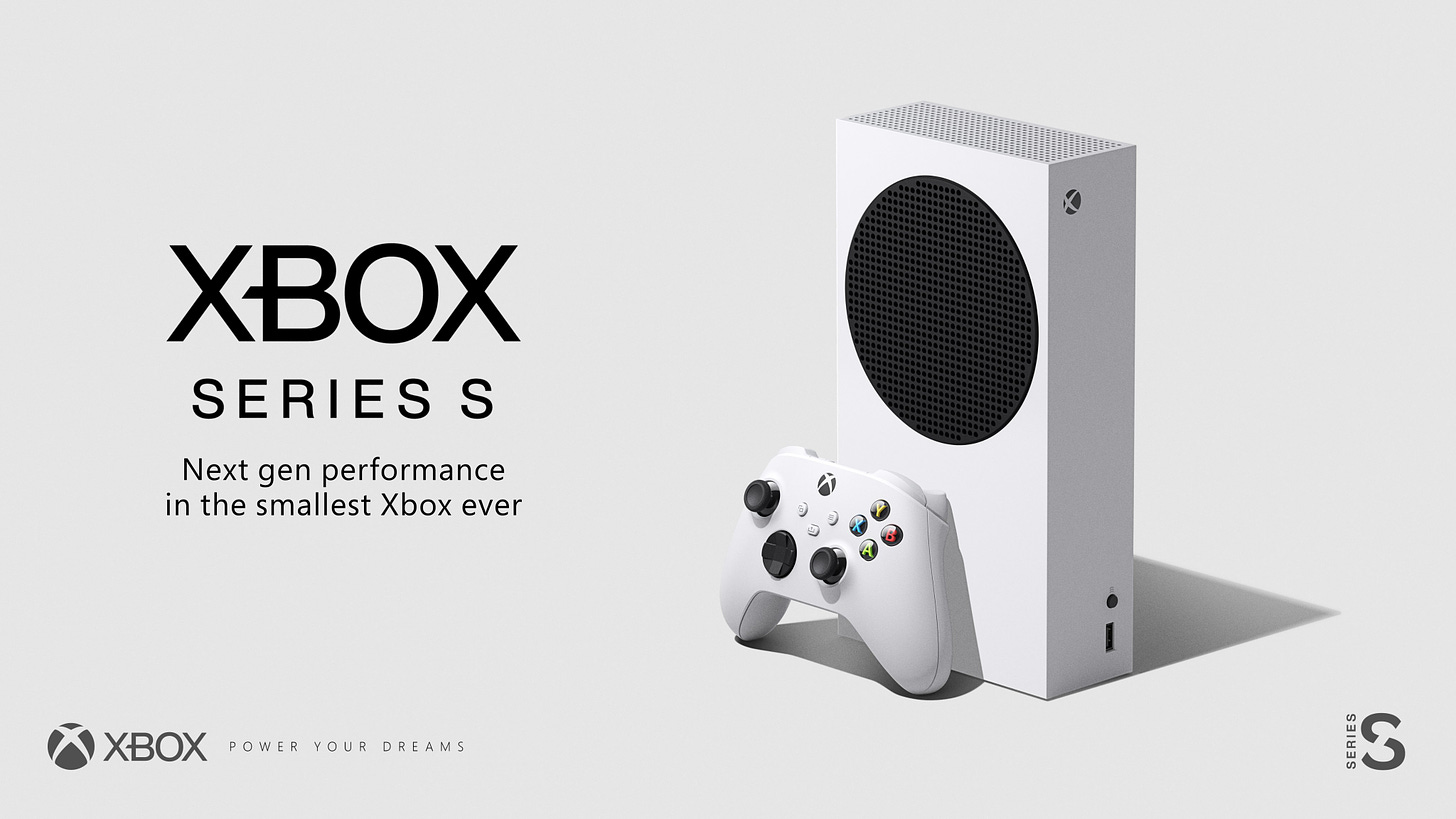 The new Xbox Series S console and white controller - small, standing vertical, white with a black circular vent on the top case, sit upright casting a long shadow on a white background. Text reads: Xbox Series S. Next gen performance in the smallest Xbox ever. Xbox. Power Your Dreams.