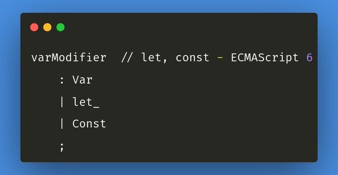 Règle de grammaire pour JavaScript comprenant des symboles terminaux : "var" et "const"