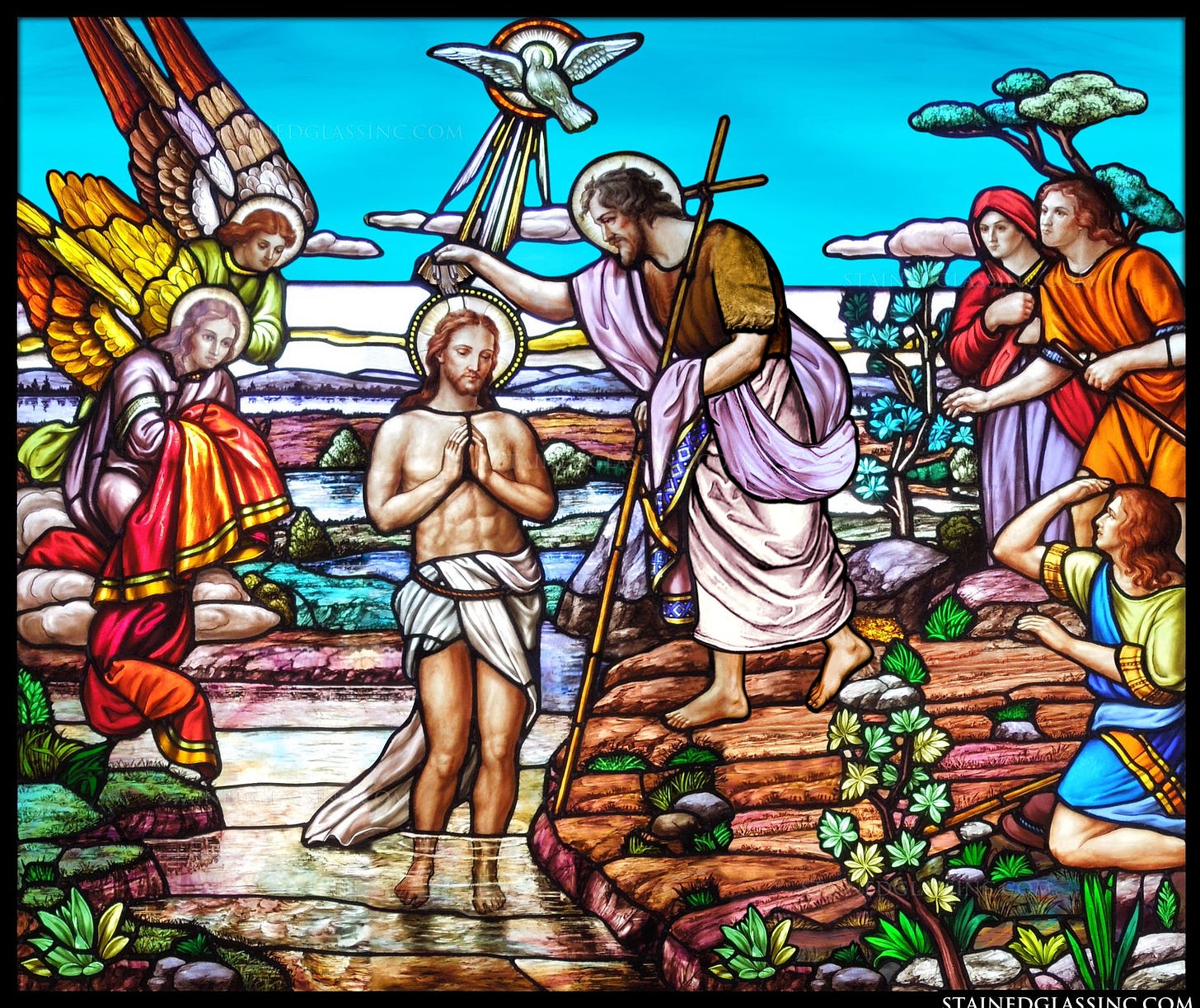 "The Baptism of Jesus by John the Baptist" Religious Stained Glass Window