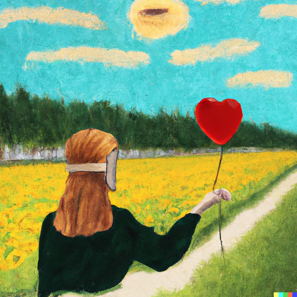 Woman walking towards an invisible future, with red balloon of hope and love