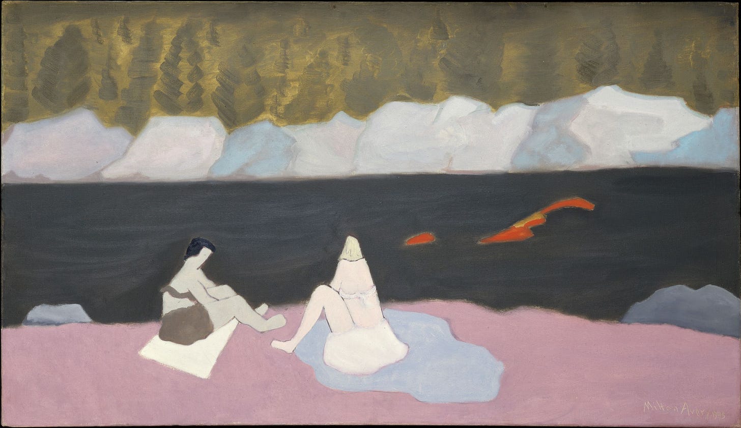 Milton Avery (American, 1885-1965). Swimmers and Sunbathers, 1945. Oil on canvas, 28 x 48 1/4 in. The Metropolitan    Museum of Art, Gift of Mr. and Mrs. Roy R. Neuberger, 1951 (51.97). © 2019 The Milton Avery Trust / Artists Rights Society (ARS), New York. Image copyright © The Metropolitan Museum of Art. Image source: Art Resource, NY.