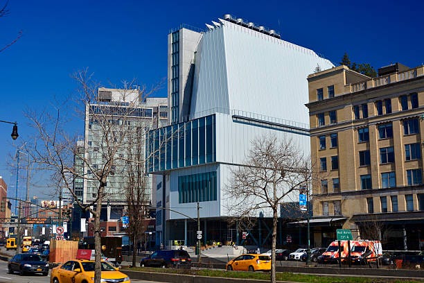 Whitney museum, High Line Manhattan on a sunny day New York, USA - March 9, 2016: View of the new Whitney museum taken from the street in Manhattan on a sunny day in the Meatpacking District. The new museum, a six-story, asymmetrical building designed by Renzo Piano, will house more of the museums 18,000-piece permanent collection. Whitney Museum of American art stock pictures, royalty-free photos & images