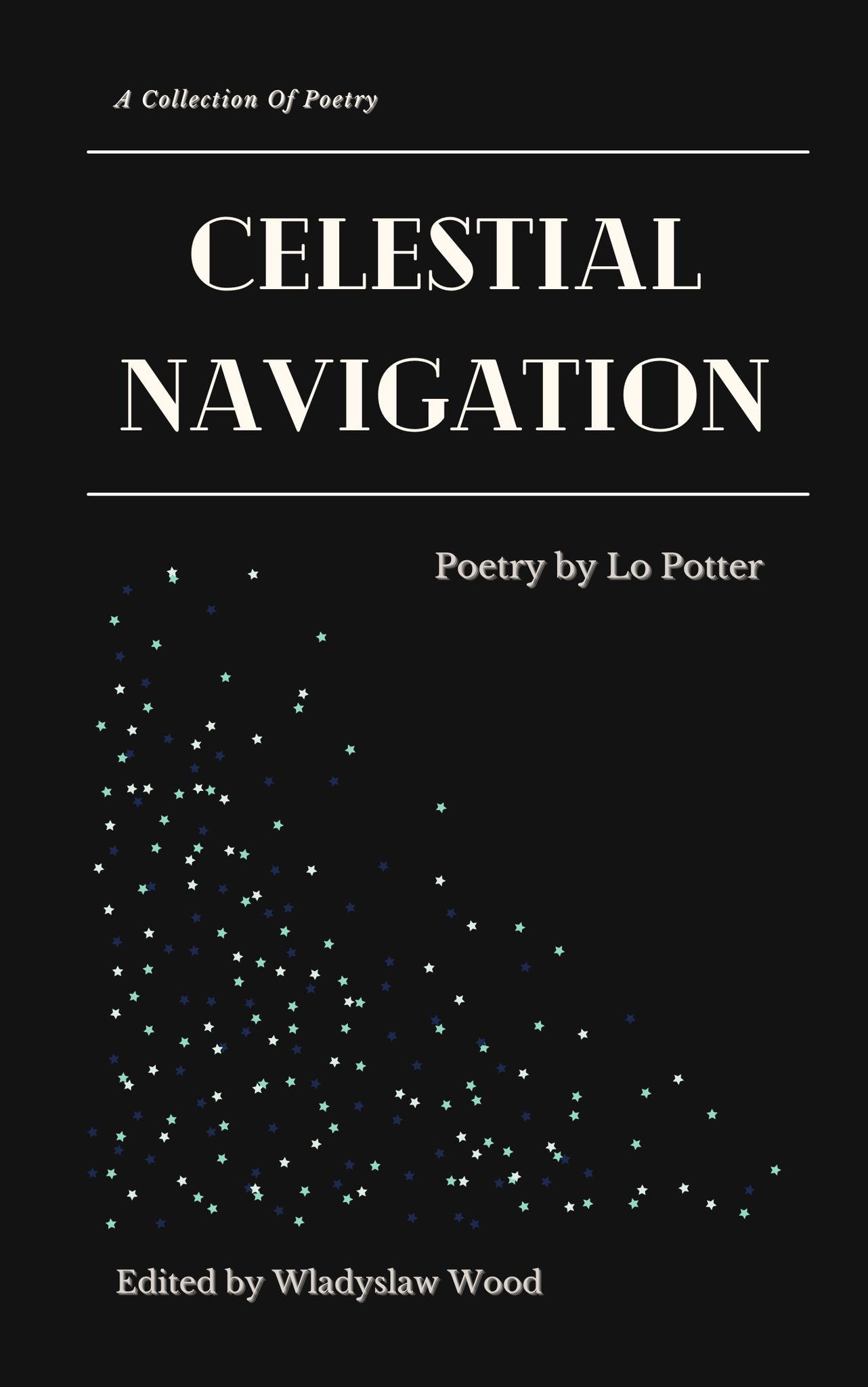 A front book cover mock up titled "Celestial Navigation" - plain cover with art deco font and scattered stars on cover