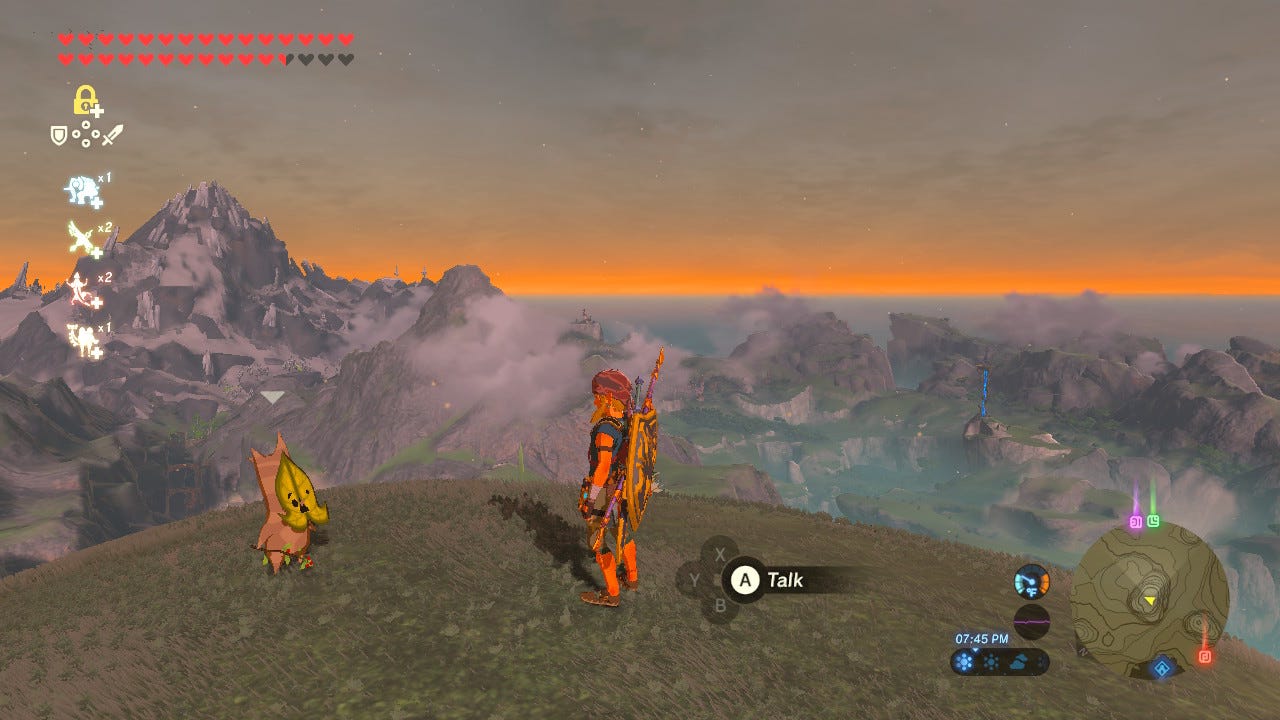 Casually chatting with a Korok at sunset while in my climbing gear. Yah-ha-ha!