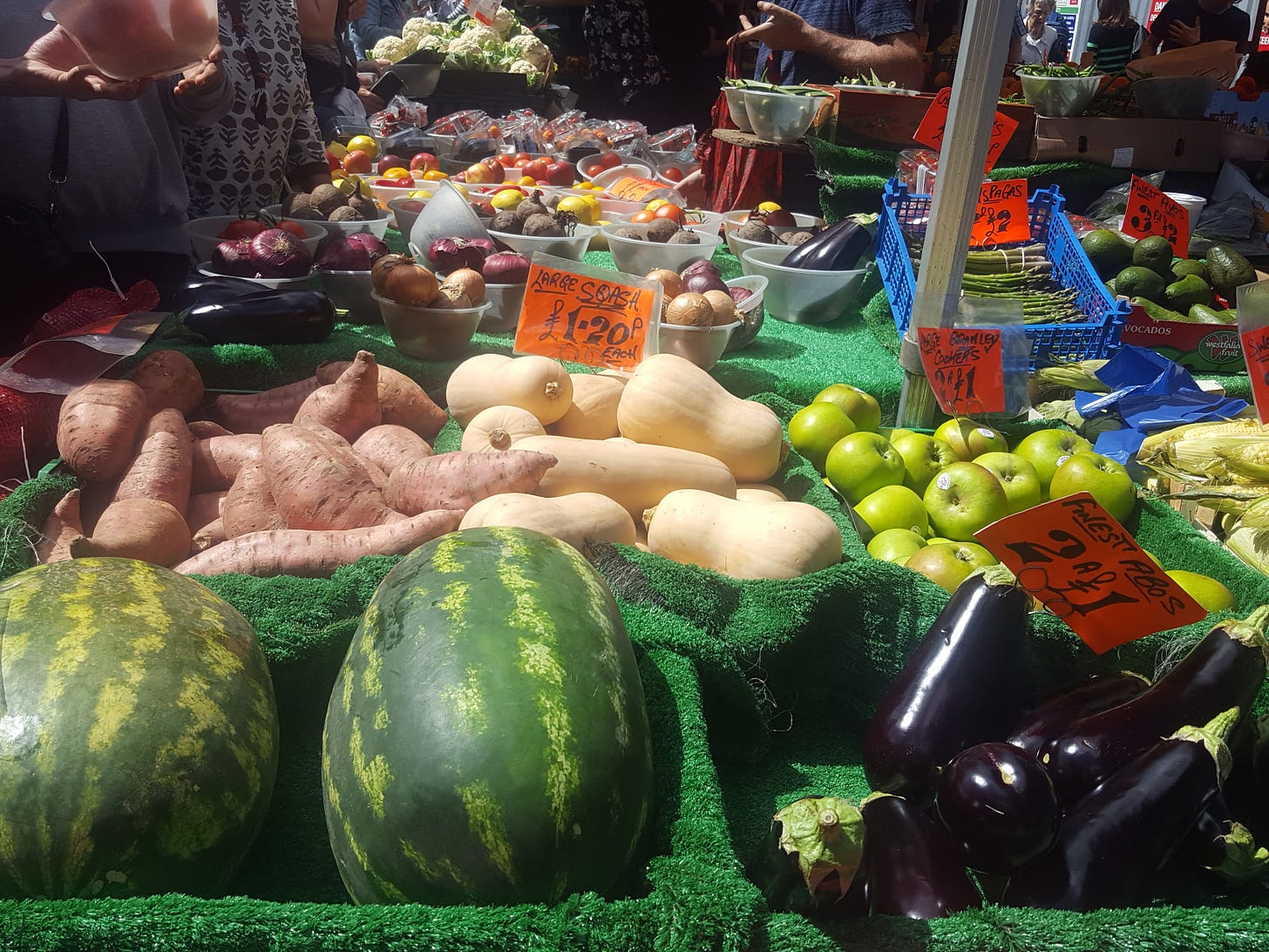 Food market stall. Lots of fresh fruit and veggies. Who grew them?