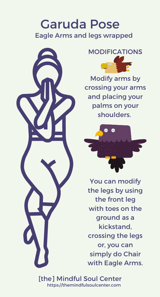 Garuda Yoga Pose Infographic with modifications by the Mindful Soul Center