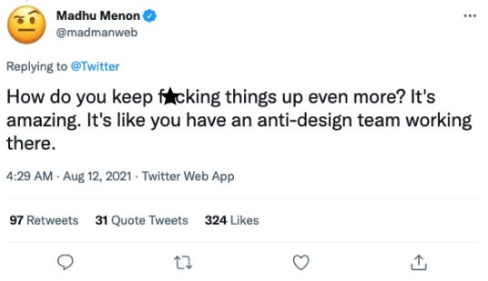 tweet from user complaining about the latest twitter redesign