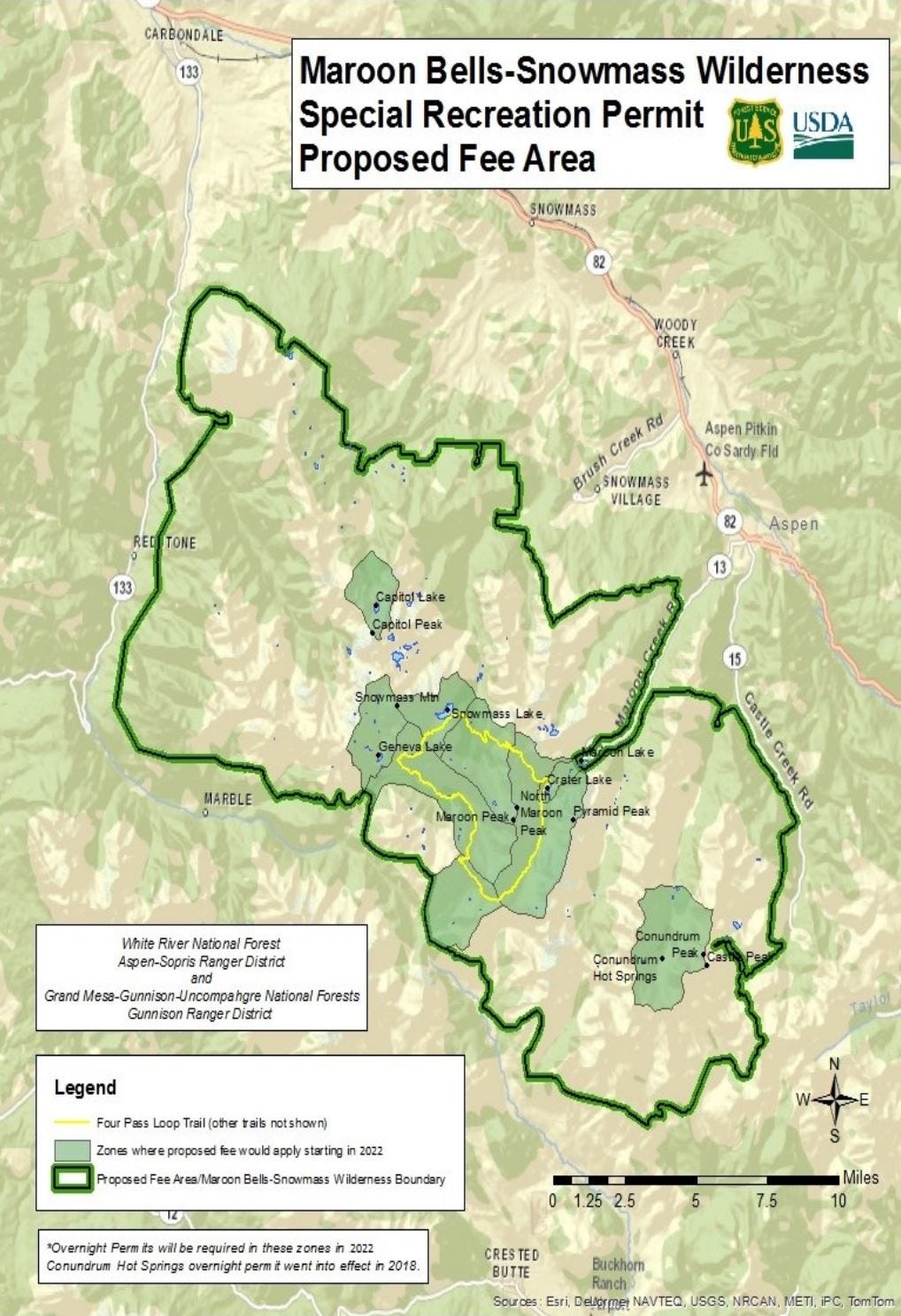 A map of the Maroon Bells-Snowmass wilderness. Outlined and highlighted are the areas that would become fee-to-access