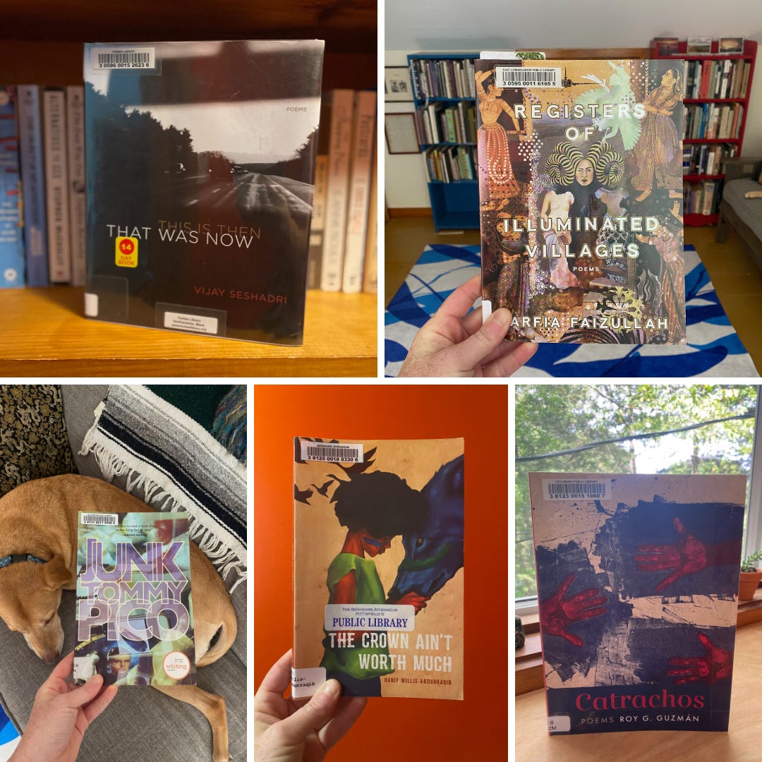 A collage of photos of my hand holding up poetry books in front of various backgrounds. The books are: This is Then, That Was Now, Registers of Illuminated Villages, Junk, The Crown Ain’t Worth Much, and Catrachos.