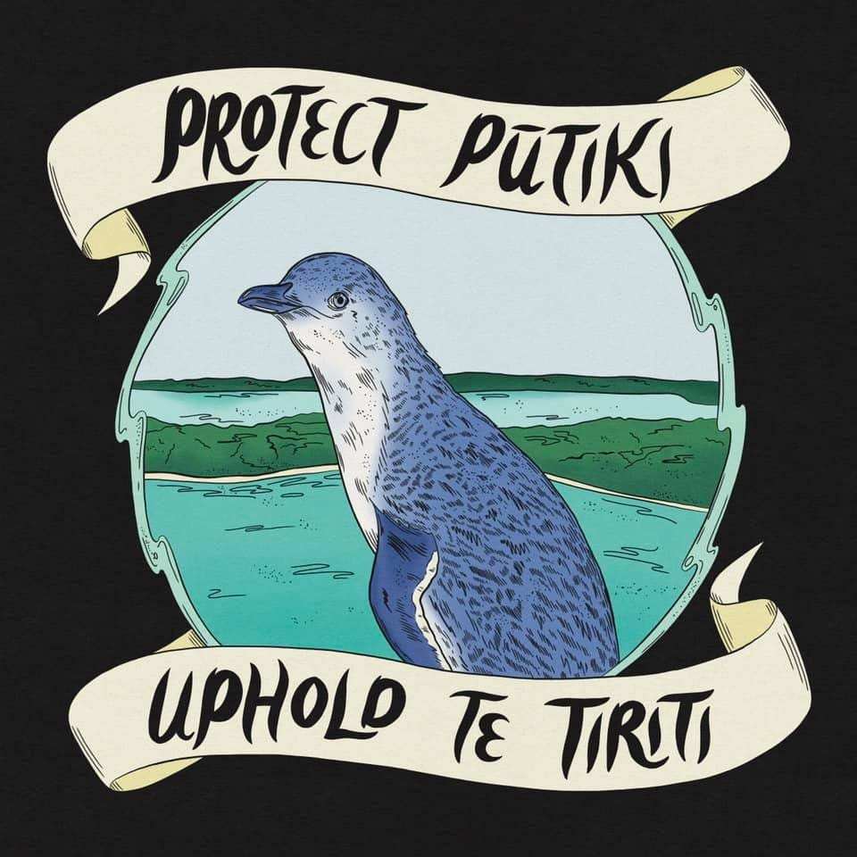 Illustration of a little blue penguin (kororā) with a banner reading "Protect Pūtiki" and "Uphold Te Tiriti"