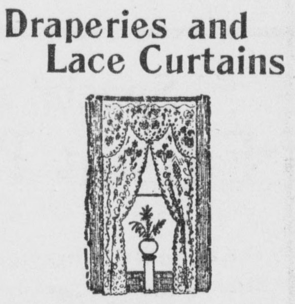 Old newspaper ad for draperies and lace, from Wikimedia Commons