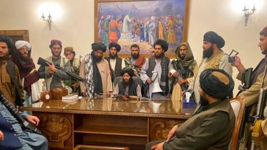 Taliban fighters take control of the Afghan presidential palace in Kabul after president Ashraf Ghani fled the country.&nbsp;(AP Photo)