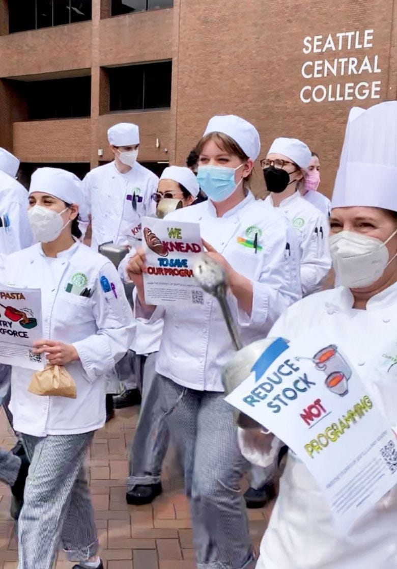 Students and chef-instructors marched around Seattle Central College’s campus in protest of the potential closure of the school’s culinary program. (Courtesy Becky Selengut)