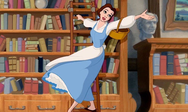 Ava visiting the library in person and looking a lot like Belle in Beauty and the Beast