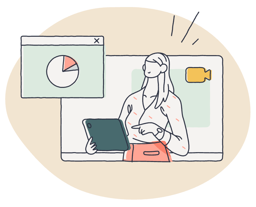 illustration of a woman on a video call showing a pie chart