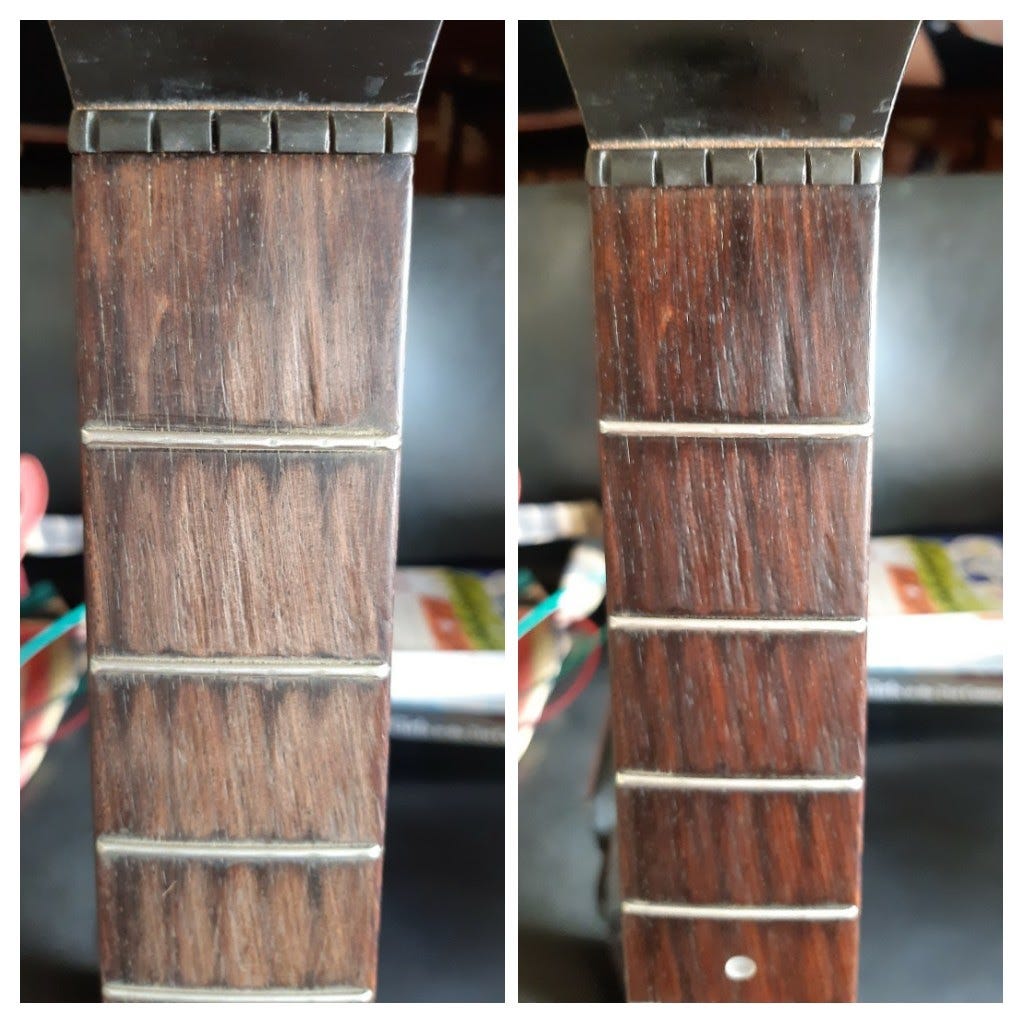 Emperador guitar neck before and after cleaning