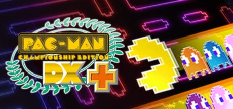 Arte do jogo. A esquerda, o nome do jogo estilizado, com uma coroa de louros em volta. A direita, Pac-Man foge de fantasmas em um tipo de arte pixelizada.