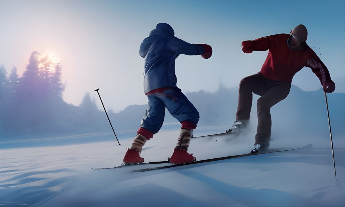 Two skiers boxing on a snow covered mountain