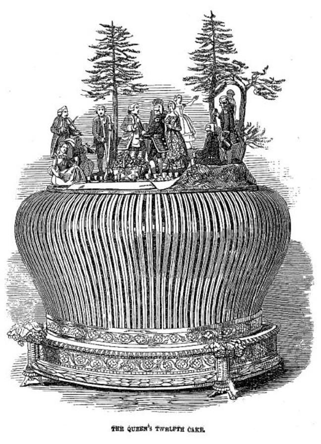 A black and white illustration of a Twelfth cake, with a picnic scene on the top