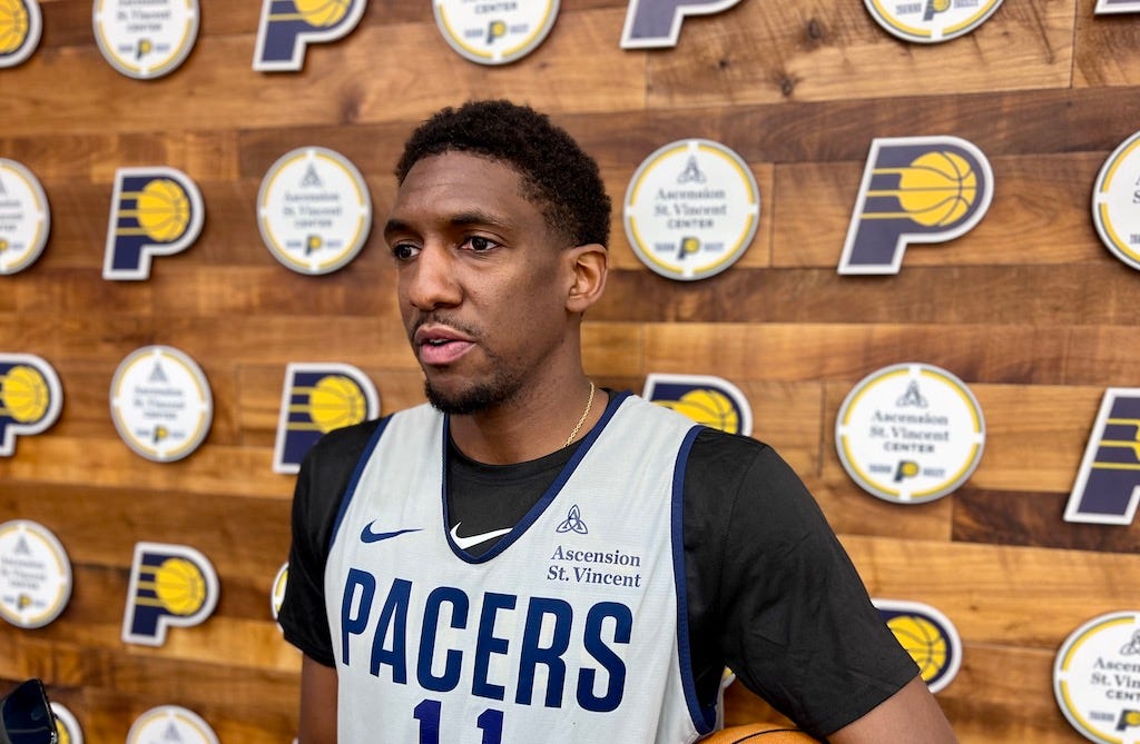 Langston Galloway talks with the local media after Pacers camp.