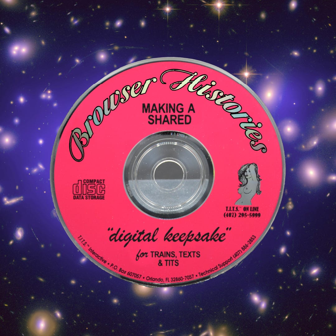 Over a celestial background, a retro compact disc with a sexy figure on it is titled “Browser Histories” in a cursive font