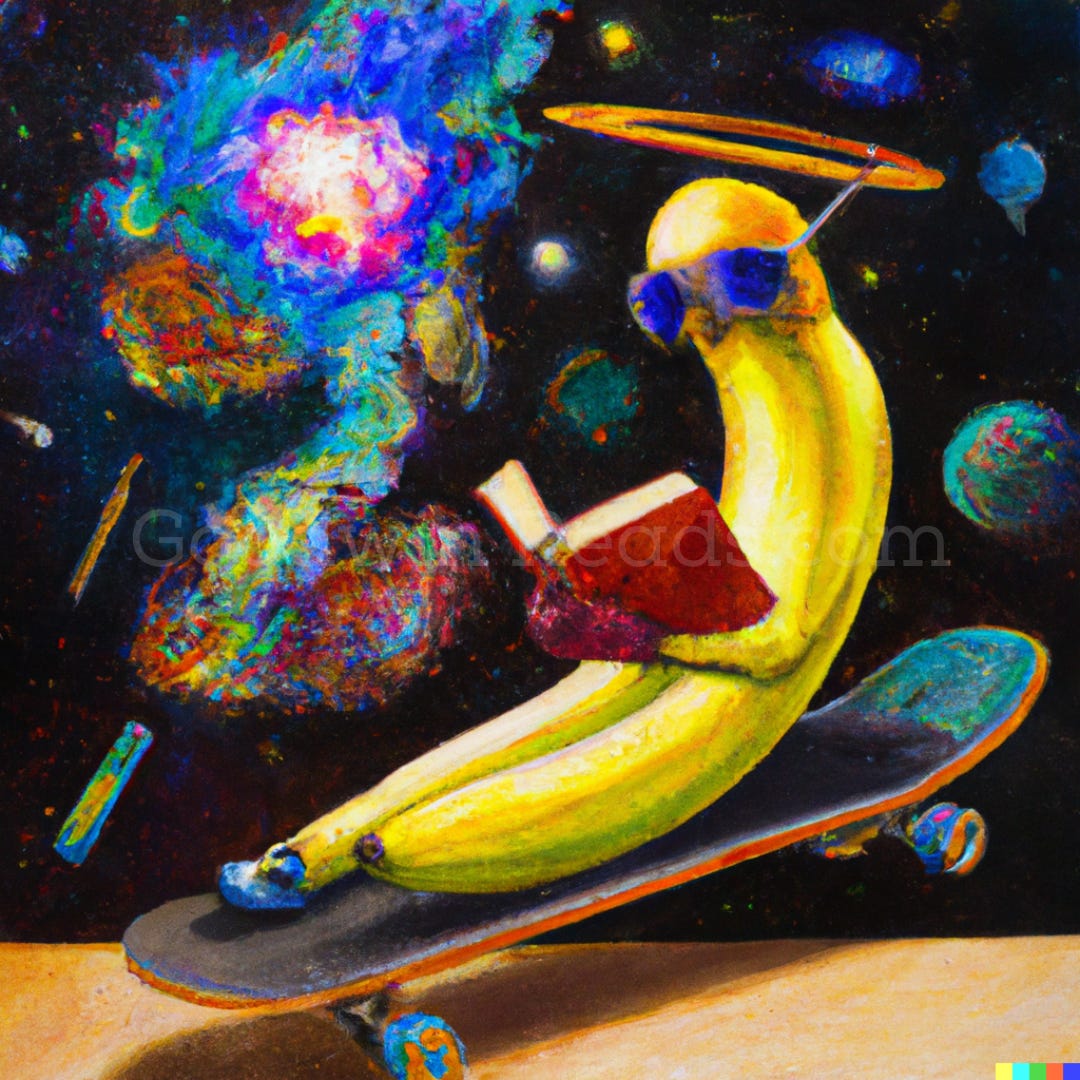 #3—Oil painting of banana reading while skateboarding, depicted as a star nebula