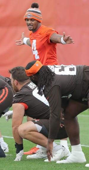 Cleveland Browns quarterback Deshaun Watson directs the offense during minicamp on Tuesday, June 14, 2022 in Berea.