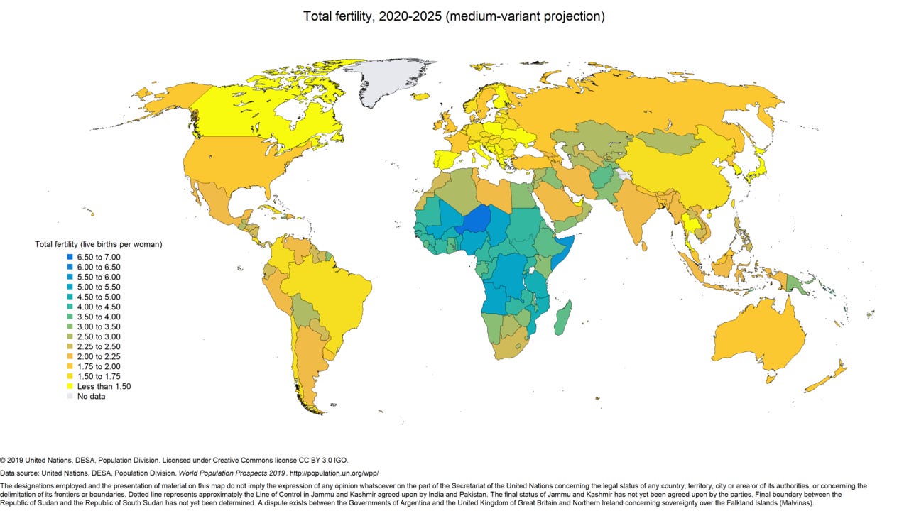 Map of countries by total fertility rate (2020–2025), according to UNPD