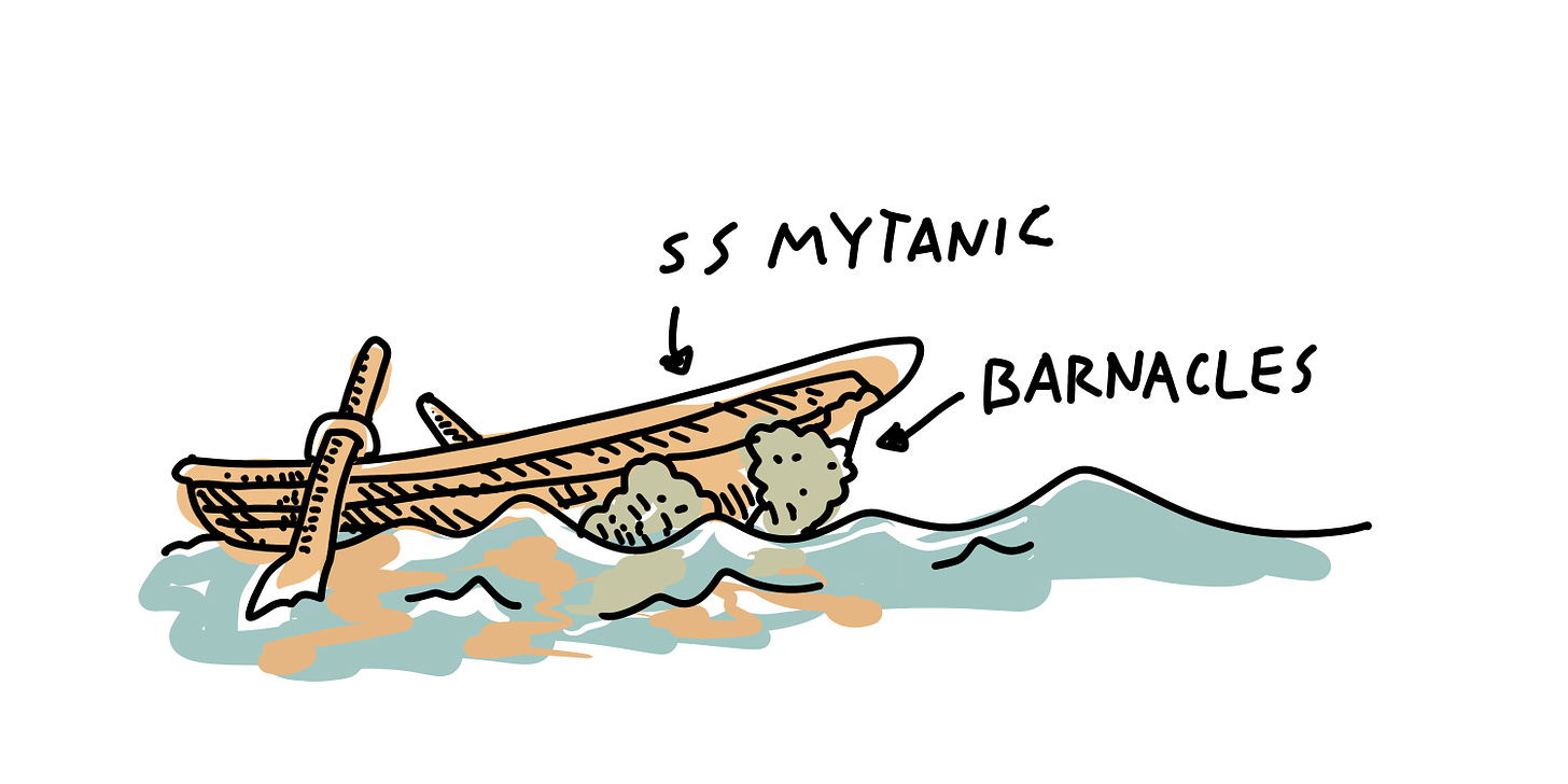 Drawing of rowboat with barnacles 