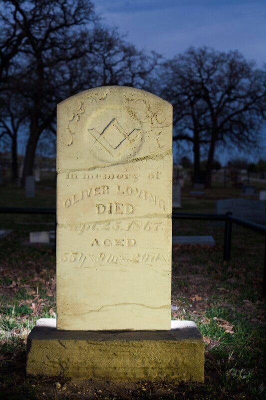 Tombstone of Oliver Loving, Greenwood Cemetery, Weatherford, Texas