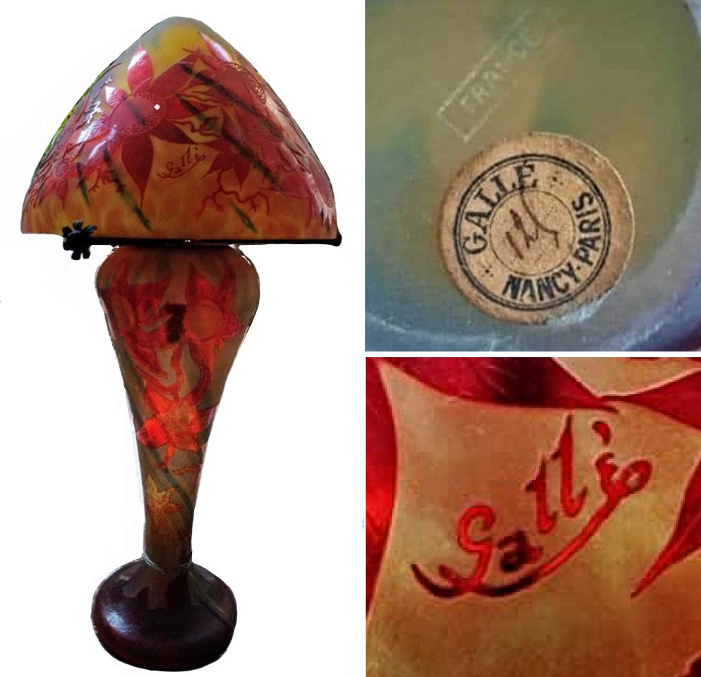 Fake Gallé lamp, with an imitated Mk III signature on the shade, an acid stamp “FRANCE” and an E6 G-NP label (numbered 125) under the base (private collection).