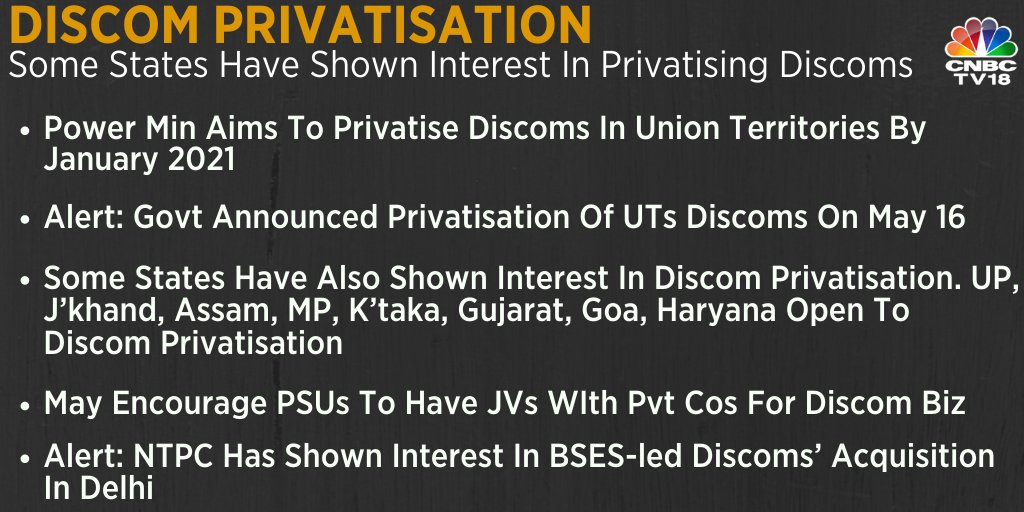 CNBC-TV18 on Twitter: &quot;Power Ministry aims to privatise Discoms in union  territories by January 2021. Some states like UP, J&#39;khand, Assam, MP,  K&#39;taka, Guj, Goa and Haryana are also open to discom