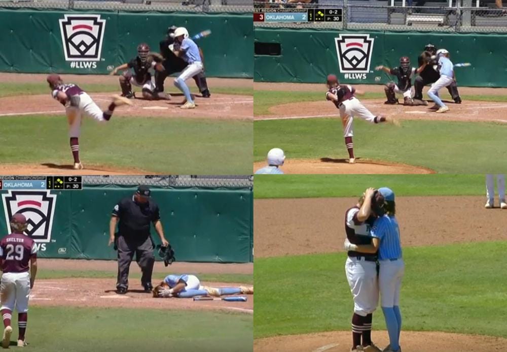 In this combination of photos from video provided by ESPN, pitcher Kaiden Shelton (29), of Pearland, Texas, throws to batter Isaiah Jarvis, of Tulsa, Okla., when an 0-2 pitch got away from him and slammed into Jarvis' helmet during a Little League Southwest Regional Playoff baseball final, Tuesday, Aug. 9, 2022, in Waco, Texas. Jarvis fell to the ground clutching his head as his concerned coaches ran to his aid. Jarvis walked to the mound and put his arms around Shelton, telling him, “Hey, you're doing great. Let's go.” (ESPN via AP)