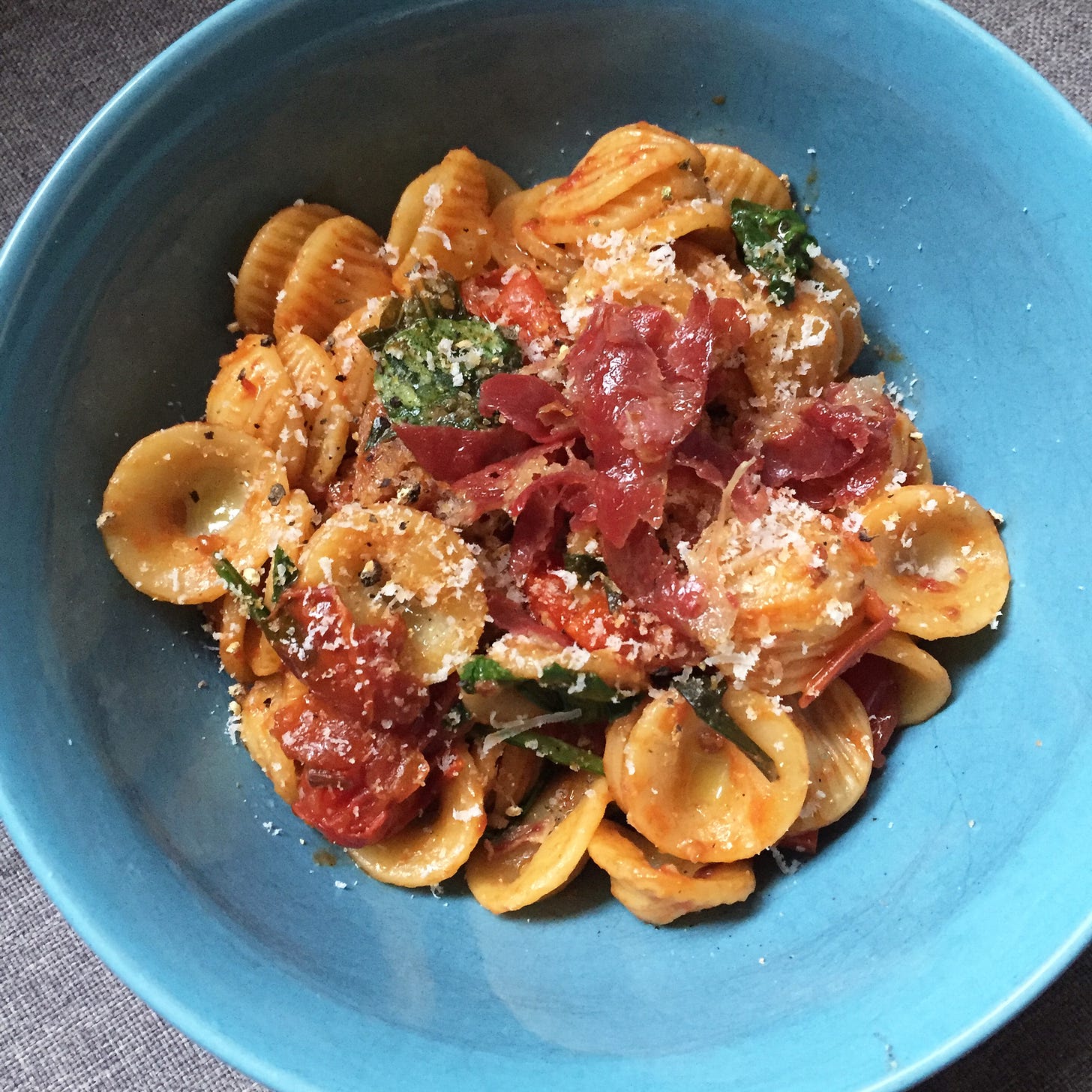 a blue bowl full of orecchiette in tomato sauce, with wilted arugula leaves visible throughout. On top is a dusting of parmesan and crumbles of fried deli meat.