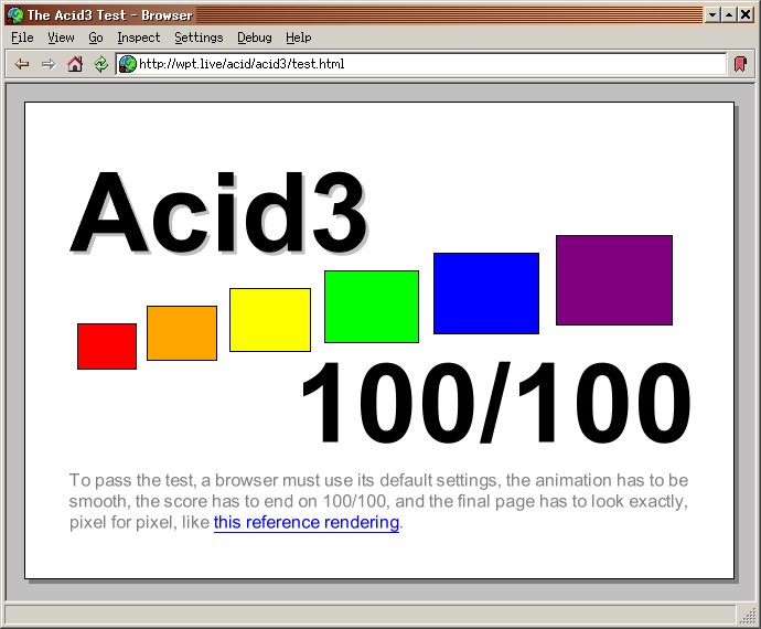 Screenshot of the Acid3 web standards compliance test in SerenityOS Browser. The score is 100/100.