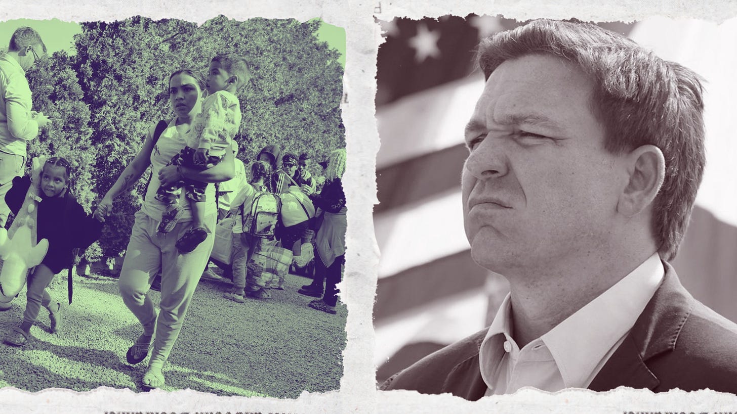 Image of migrant mother with two children with green filter in frame of ripped paper adjacent to image of snarling Ron DeSantis with sepia filter and ripped paper border